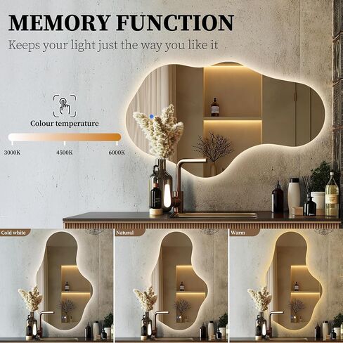 Irregular LED Bathroom Mirror with Lights, Backlit Vanity Mirror for Wall, Asymmetrical Wall Mirror, 3 Color Dimmable Anti-Fog Smart, Decorative Mirror for Bathroom, Entryway(24″ x 40″, 1 Pack) in Kuwait