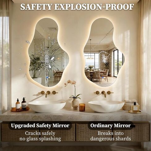 Irregular LED Bathroom Mirror with Lights, Backlit Vanity Mirror for Wall, Asymmetrical Wall Mirror, 3 Color Dimmable Anti-Fog Smart, Decorative Mirror for Bathroom, Entryway(24″ x 40″, 1 Pack) in Kuwait