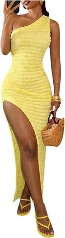 Floerns Women's Textured One Shoulder Long Dress Sleeveless Split Bodycon Beach Dresses in Saudi Arabia