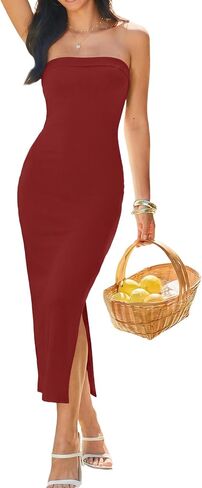 VOBCTY Women's Strapless Ribbed Dresses Tube Side Slit Dress Cocktail 2026 Wedding Guest Outfit for Women in Saudi Arabia