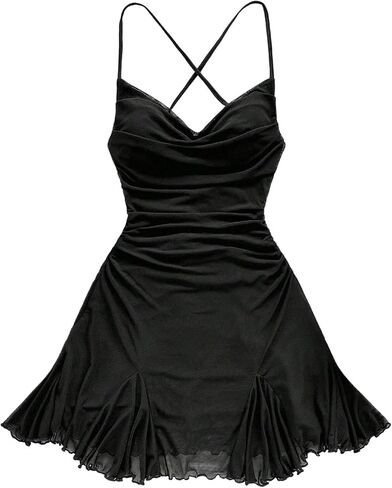 OYOANGLE Women's Plus Size Sleeveless Mesh Mini Dress Lace Up Backless Ruffle Sexy Party Club Going Out Dress in Saudi Arabia