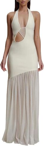 Women Hollow Out Backless Sexy Maxi Dress Patchwork V Neck Sleeveless Club Party Long Dress Evening Outfit in Saudi Arabia