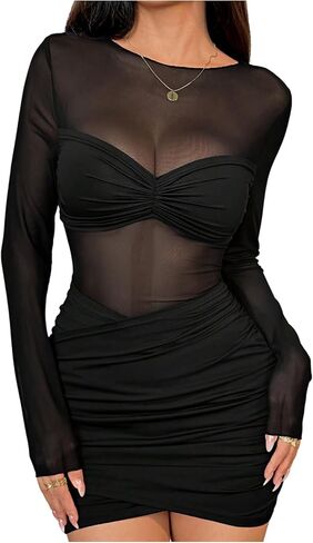 Milumia Women's Sexy Ruched Mesh Sheer Mini Dress Bodycon Long Sleeve Going Out Party Club Dresses in Kuwait