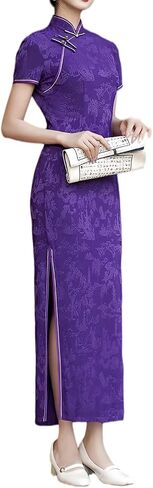 Cheongsam for Women Dress Short Sleeve Chinese Traditional Qipao Frog Buttons Stand Collar Bodycon Evening in Kuwait