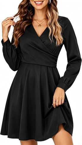 Women's Mini Party Dresse Sexy V Neck Long Sleeve Satin Silk Dress Elegant Flowy Cocktail Dress in Saudi Arabia