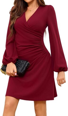 Women Puff Latern Sleeve Wrap V Neck Ruched Party Club Holiday Homecoming Night Out Cocktail Dress in Saudi Arabia