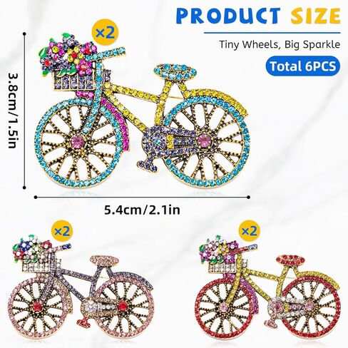 6 PCS Vintage Crystal Brooch, Rhinestone Bicycle Colorful Brooch for Women, Crystal Creative Bicycles Pin for Crafts, Jewelry Accessories in Saudi Arabia