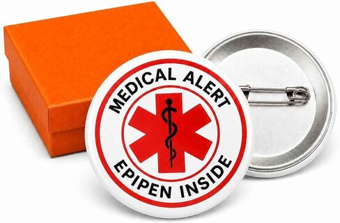Epinephrine Medical Button Pin: EpiPen Inside Alert Badge with Safety Pin Back for Backpack Purse or Jacket - Clear Allergy Emergency ID - 2.3 Inch Waterproof Tinplate Badge with Orange Gift Box in Saudi Arabia