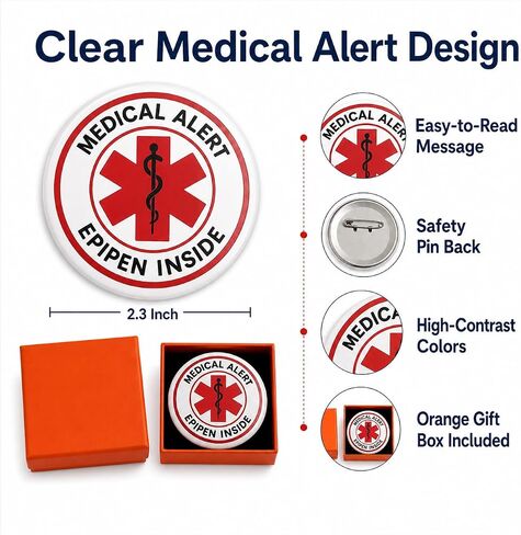 Epinephrine Medical Button Pin: EpiPen Inside Alert Badge with Safety Pin Back for Backpack Purse or Jacket - Clear Allergy Emergency ID - 2.3 Inch Waterproof Tinplate Badge with Orange Gift Box in Saudi Arabia