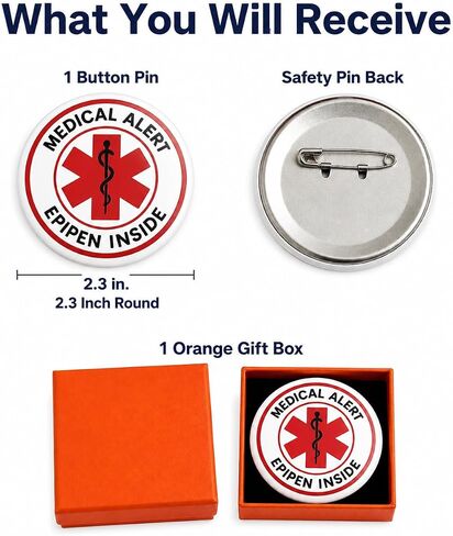 Epinephrine Medical Button Pin: EpiPen Inside Alert Badge with Safety Pin Back for Backpack Purse or Jacket - Clear Allergy Emergency ID - 2.3 Inch Waterproof Tinplate Badge with Orange Gift Box in Saudi Arabia