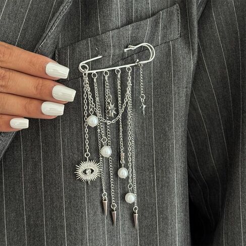 Punk Chain Tassel Safety Pin Brooch for Women Silver Tone Pearl Spike Charm Jean Pant Leg Adjuster Decorative Brooch for Jacket Hat Scarf Daily Wear in Saudi Arabia