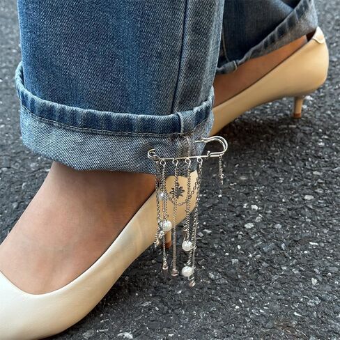 Punk Chain Tassel Safety Pin Brooch for Women Silver Tone Pearl Spike Charm Jean Pant Leg Adjuster Decorative Brooch for Jacket Hat Scarf Daily Wear in Saudi Arabia