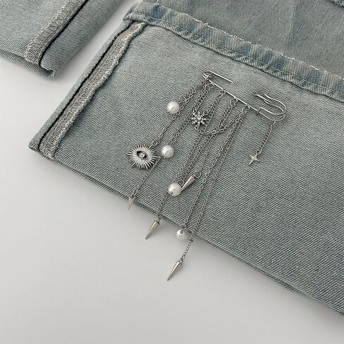 Punk Chain Tassel Safety Pin Brooch for Women Silver Tone Pearl Spike Charm Jean Pant Leg Adjuster Decorative Brooch for Jacket Hat Scarf Daily Wear in Saudi Arabia