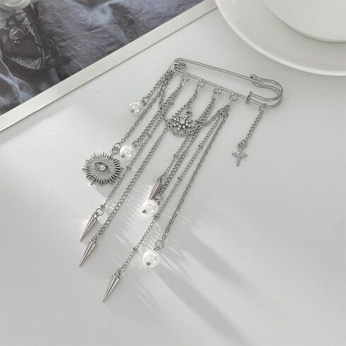 Punk Chain Tassel Safety Pin Brooch for Women Silver Tone Pearl Spike Charm Jean Pant Leg Adjuster Decorative Brooch for Jacket Hat Scarf Daily Wear in Saudi Arabia