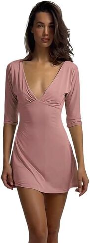 Deep V Neck Bodycon Mini Dress, 5/4 Sleeve Solid Color High Waisted Pencil Dress for Women in Saudi Arabia