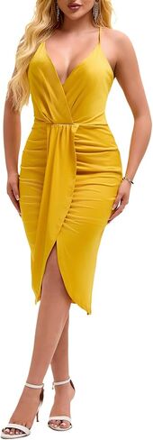 Women's Deep V Neck Sexy Spaghetti Adjustable Strap Cross Back Ruched Club Dress in Saudi Arabia