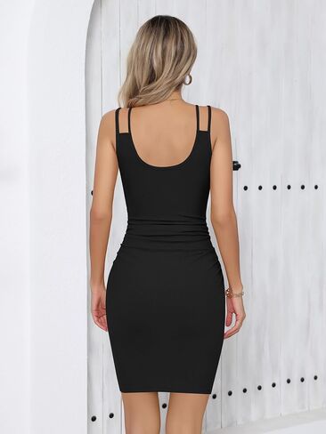 Missufe Women's V Neck Sleeveless Ruched Bodycon Sundress Summer Casual Mini Cami Dress (Black, X-Large) in Saudi Arabia