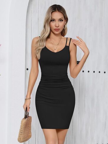 Missufe Women's V Neck Sleeveless Ruched Bodycon Sundress Summer Casual Mini Cami Dress (Black, X-Large) in Saudi Arabia