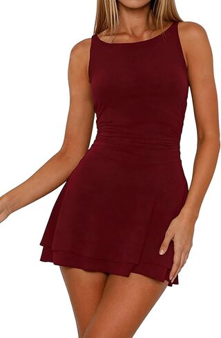 Women's Dresses Casual Boat Neck Sleeveless Ruched Mini Dress Tiered Layered Ruffle Hem A-Line Summer Short Dress in Saudi Arabia
