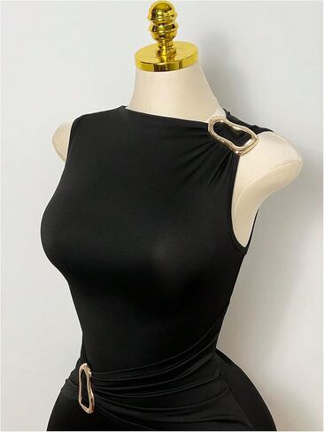 WDIRARA Women's Metal Asymmetric Neck Sleeveless Mini Dress Ruched Bodycon Dresses in Kuwait