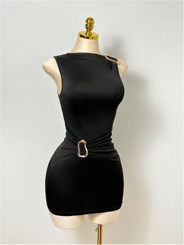 WDIRARA Women's Metal Asymmetric Neck Sleeveless Mini Dress Ruched Bodycon Dresses in Kuwait