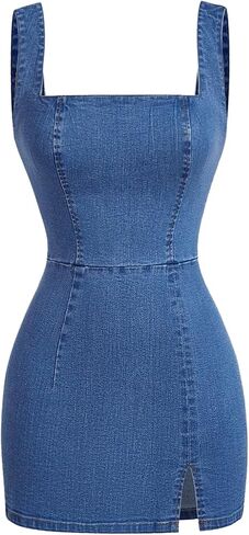 WDIRARA Women's Sleeveless Mini Denim Dress Slit Asymmetrical Hem Bodycon Tank Dresses in Kuwait