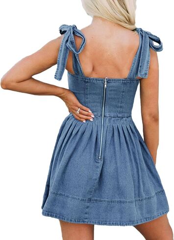 SOMTHRON Women's Sleeveless Denim Mini Dress Tie Shoulder Pleated A Line Swing Flowy Jean Short Dress in Kuwait
