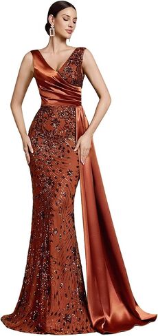Sleeveless Mermaid Maxi Evening Gown with Sequin & V-Neck Patchwork V-Back Formal Dress for Party, Cocktail & Prom in Saudi Arabia