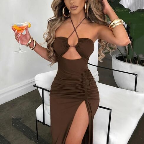 Women Sexy Halter Bodycon Maxi Dress Summer Cut Out Side Split Sleeveless Dress Ruched Backless Clubwear for Party Date in Kuwait