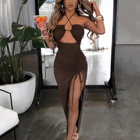 Women Sexy Halter Bodycon Maxi Dress Summer Cut Out Side Split Sleeveless Dress Ruched Backless Clubwear for Party Date in Kuwait