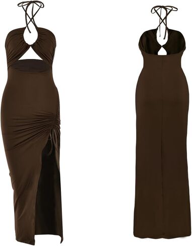 Women Sexy Halter Bodycon Maxi Dress Summer Cut Out Side Split Sleeveless Dress Ruched Backless Clubwear for Party Date in Kuwait