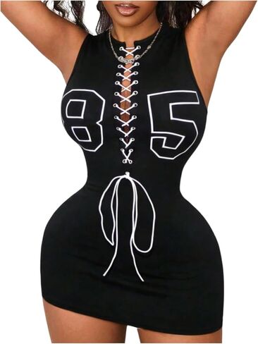 SOLY HUX Women's Number Graphic Jersey Dress Y2k Lace Up Sleeveless Bodycon Summer Mini Dresses Streetwear in Saudi Arabia