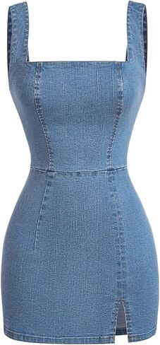 WDIRARA Women's Sleeveless Mini Denim Dress Slit Asymmetrical Hem Bodycon Tank Dresses in Kuwait