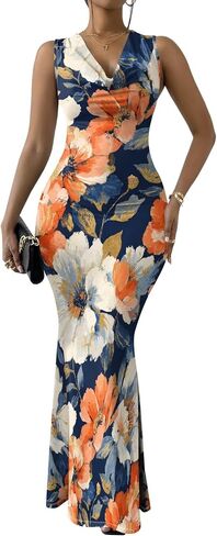 Women's Floral Cowl Neck Maxi Dress Sleeveless Bodycon Mermaid Wedding Guest Cocktail Dress in Saudi Arabia