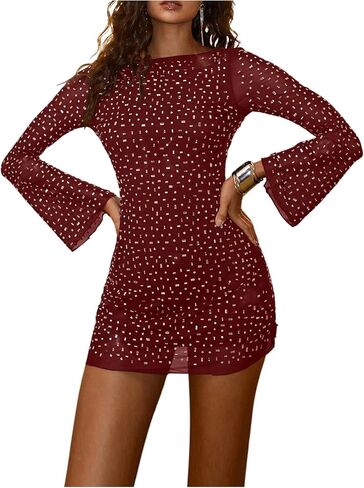 WDIRARA Women's Sparkly Rhinestone Bodycon Dress Boat Neck Long Bell Sleeve Backless Mini Dresses Party Clubwear in Kuwait