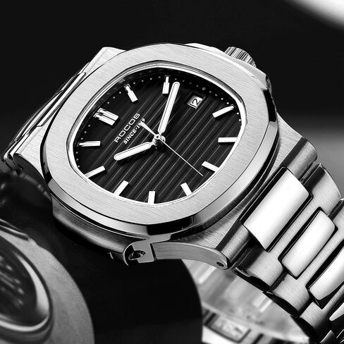 ROCOSJEWE Men's Automatic Mechanical Watch, Self-Winding Movement, Stainless Steel Case, Exhibition Back, 30M Waterproof, Luminous Hands, Black Oval Dial in Saudi Arabia
