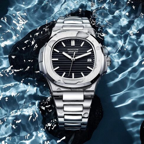 ROCOSJEWE Men's Automatic Mechanical Watch, Self-Winding Movement, Stainless Steel Case, Exhibition Back, 30M Waterproof, Luminous Hands, Black Oval Dial in Saudi Arabia