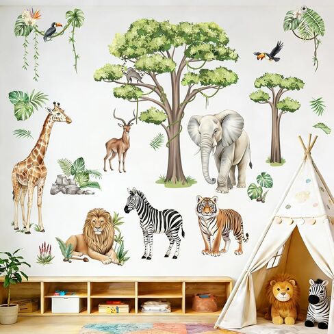 Jungle Safari Animal Wall Decals for Kids Room - Wildlife Wall Stickers Giraffe Lion Zebra Elephant Tiger Removable Wall Art Sticker for Baby Nursery Room Decor in Kuwait