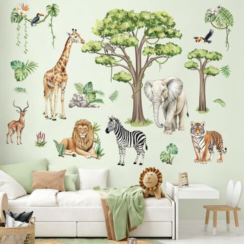 Jungle Safari Animal Wall Decals for Kids Room - Wildlife Wall Stickers Giraffe Lion Zebra Elephant Tiger Removable Wall Art Sticker for Baby Nursery Room Decor in Kuwait