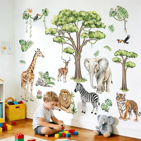 Jungle Safari Animal Wall Decals for Kids Room - Wildlife Wall Stickers Giraffe Lion Zebra Elephant Tiger Removable Wall Art Sticker for Baby Nursery Room Decor in Kuwait