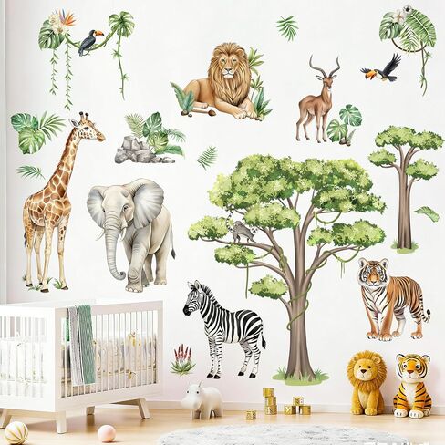 Jungle Safari Animal Wall Decals for Kids Room - Wildlife Wall Stickers Giraffe Lion Zebra Elephant Tiger Removable Wall Art Sticker for Baby Nursery Room Decor in Kuwait