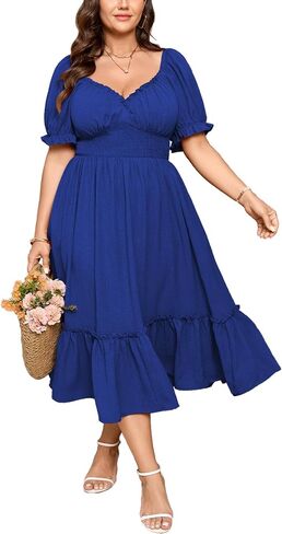 SHESTARR Women's Plus Size Maxi Dress Sweetheart Neck Short Sleeve Smocked Empire Waist Tiered A-Line Dresses with Pockets in Saudi Arabia