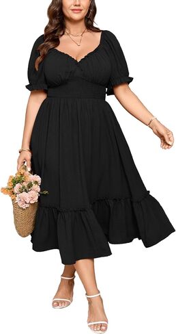 SHESTARR Women's Plus Size Maxi Dress Sweetheart Neck Short Sleeve Smocked Empire Waist Tiered A-Line Dresses with Pockets in Saudi Arabia
