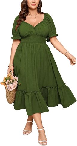 SHESTARR Women's Plus Size Maxi Dress Sweetheart Neck Short Sleeve Smocked Empire Waist Tiered A-Line Dresses with Pockets in Saudi Arabia