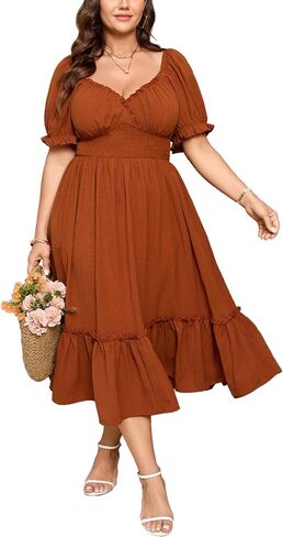SHESTARR Women's Plus Size Maxi Dress Sweetheart Neck Short Sleeve Smocked Empire Waist Tiered A-Line Dresses with Pockets in Saudi Arabia