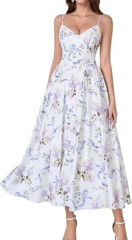 GLNEGE Women's Floral Corset Midi Dress Summer Wedding Guest Flowy Dresses V Neck Lace Up Tea Party Milkmaid Ruffle Sundress in Saudi Arabia