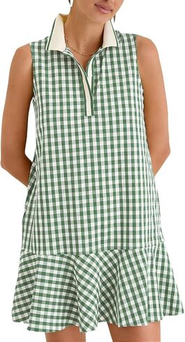 Shiyifa Womens Gingham Polo Dress Sleeveless Golf Mini Dresses Summer V Neck Plaid Tennis Sundress with Pockets in Saudi Arabia
