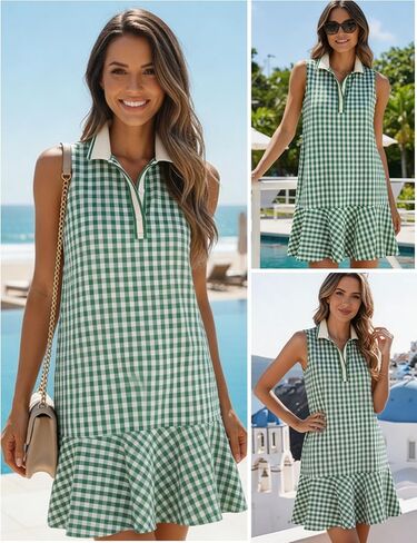 Shiyifa Womens Gingham Polo Dress Sleeveless Golf Mini Dresses Summer V Neck Plaid Tennis Sundress with Pockets in Saudi Arabia