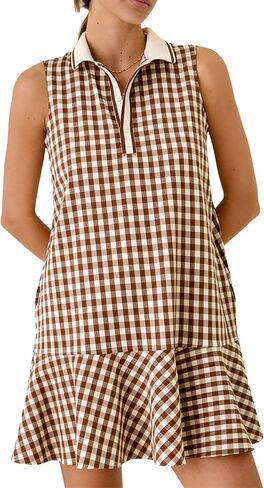 Shiyifa Womens Gingham Polo Dress Sleeveless Golf Mini Dresses Summer V Neck Plaid Tennis Sundress with Pockets in Saudi Arabia
