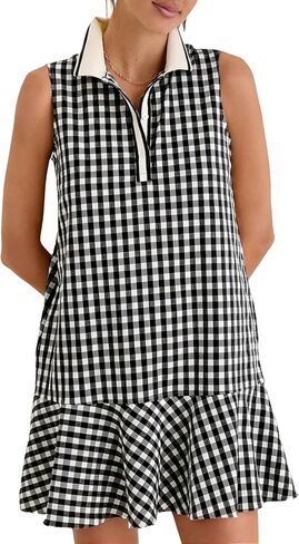 Shiyifa Womens Gingham Polo Dress Sleeveless Golf Mini Dresses Summer V Neck Plaid Tennis Sundress with Pockets in Saudi Arabia